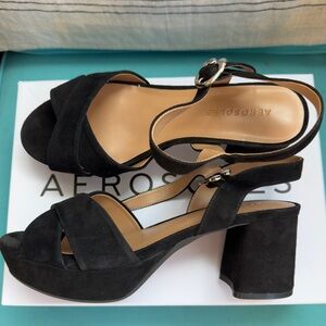 AEROSOLES Cosmos Black Suede Platform Heel Sandals